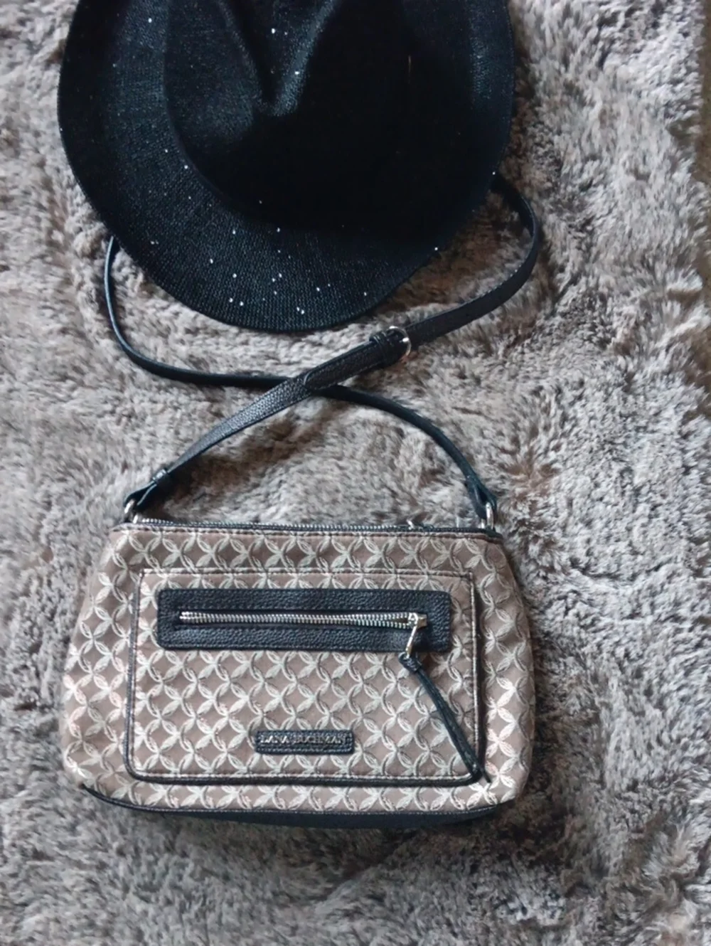 Dana Buchman Taupe Patterned Crossbody with Black Trim